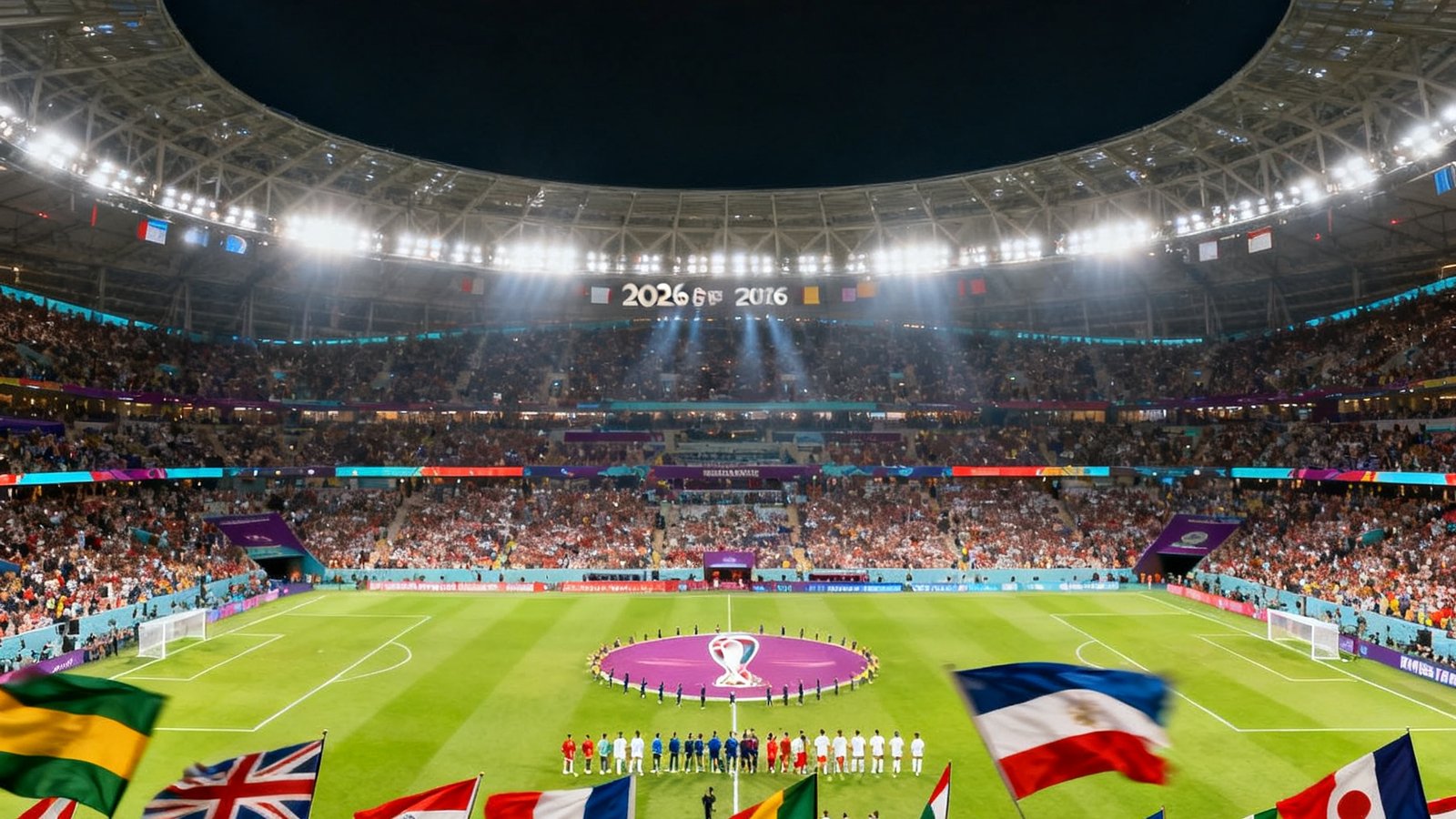 2026世界杯开场盛况，球迷挥舞旗帜与巨型球场全景